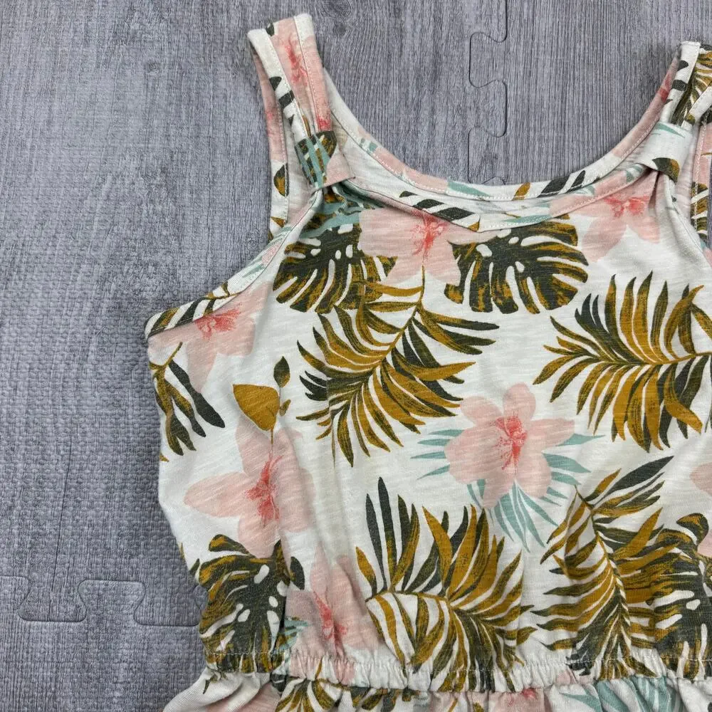 SO Girl's Cream Floral Palm Hibiscus Romper Sz L 10/12 Tropical Beachy Summer